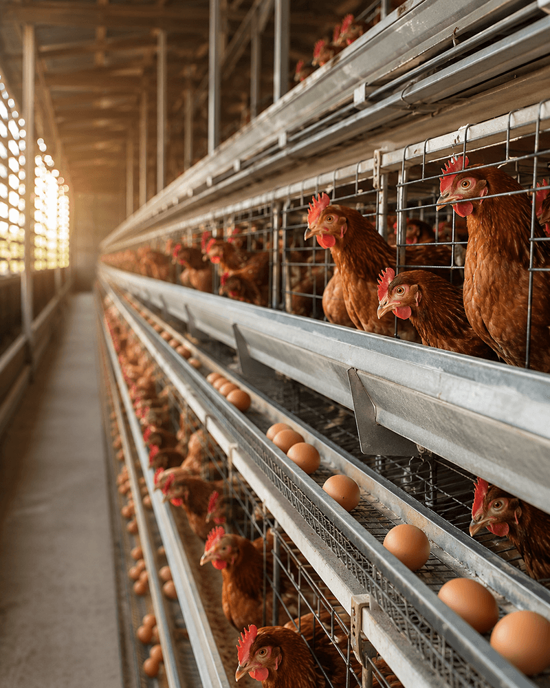 Healthy layer birds inside the Primora Farms facility