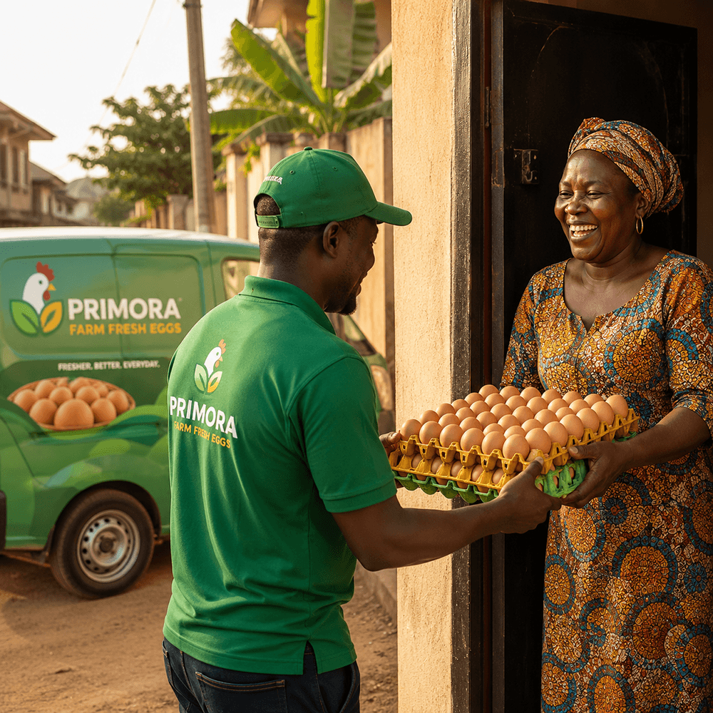 Primora Farms delivery rider handing fresh eggs to a customer